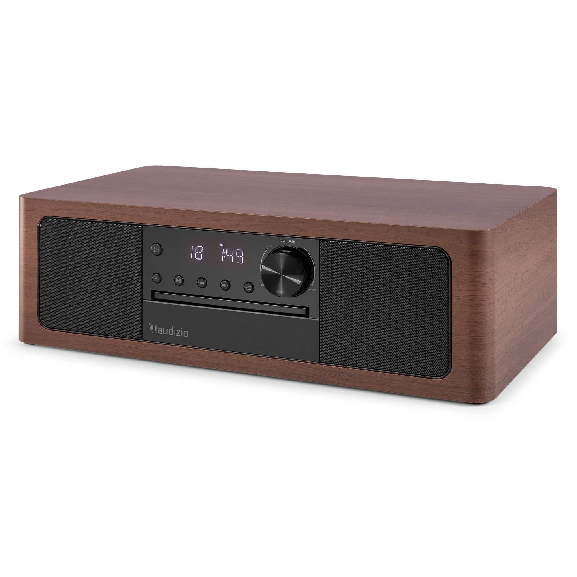A brown wood radio with black speakers and a digital display.