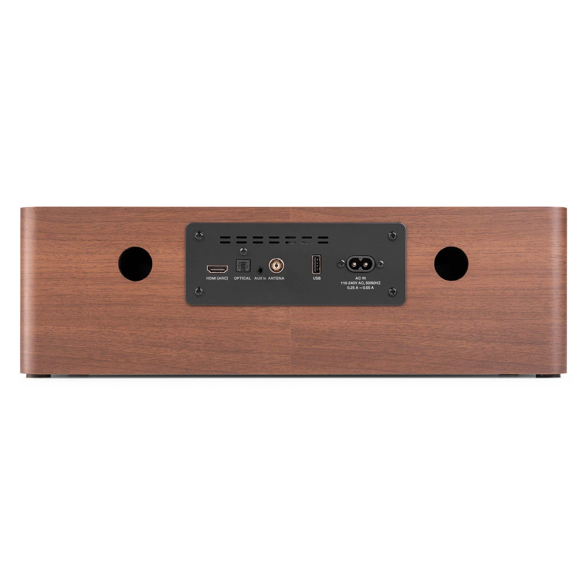 Rear of a wooden radio showing connections: HDMI, Optical, AUX, USB, and AC input.