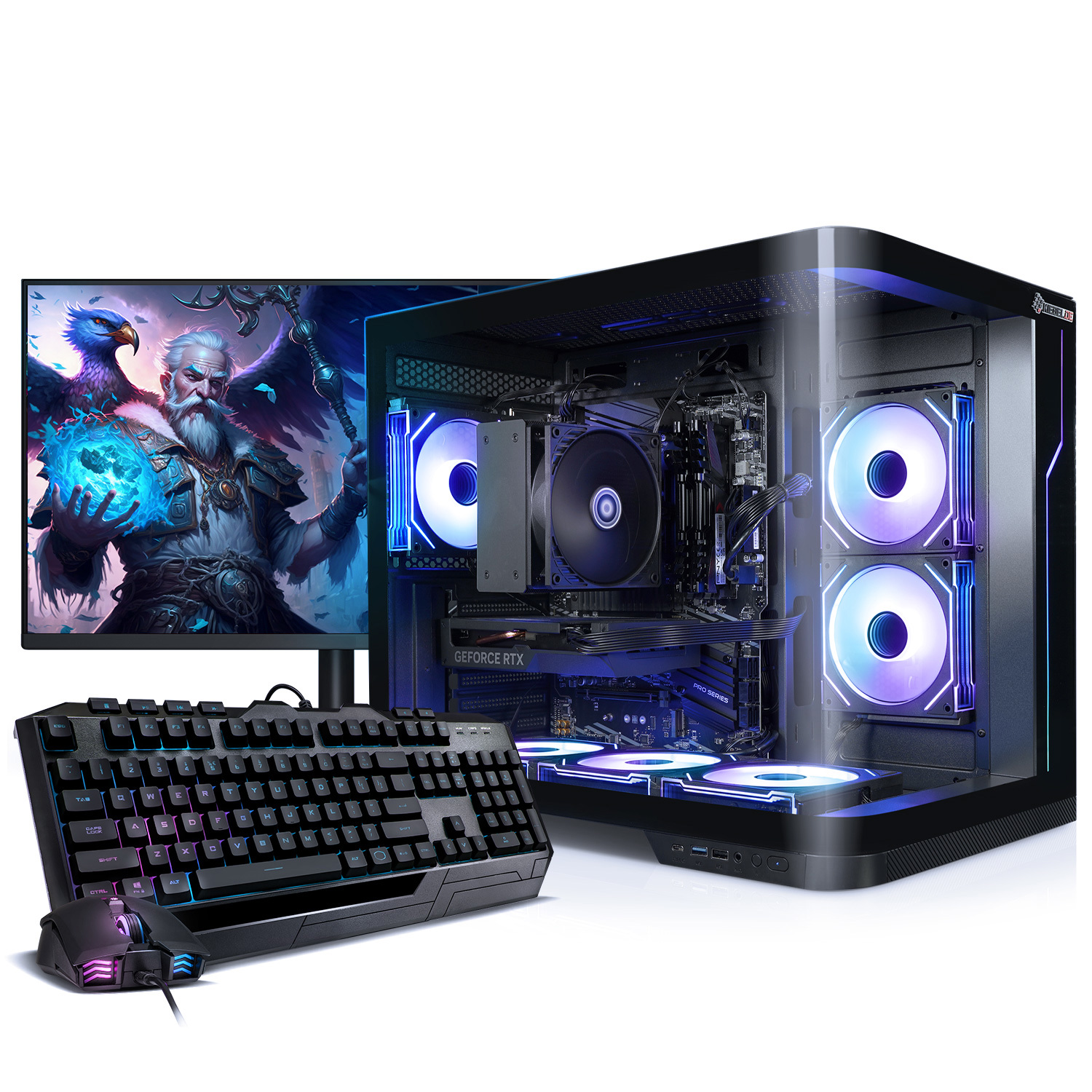 Gaming-pc, toetsenbord en muis met RGB-verlichting. Monitor toont fantasy-kunst.