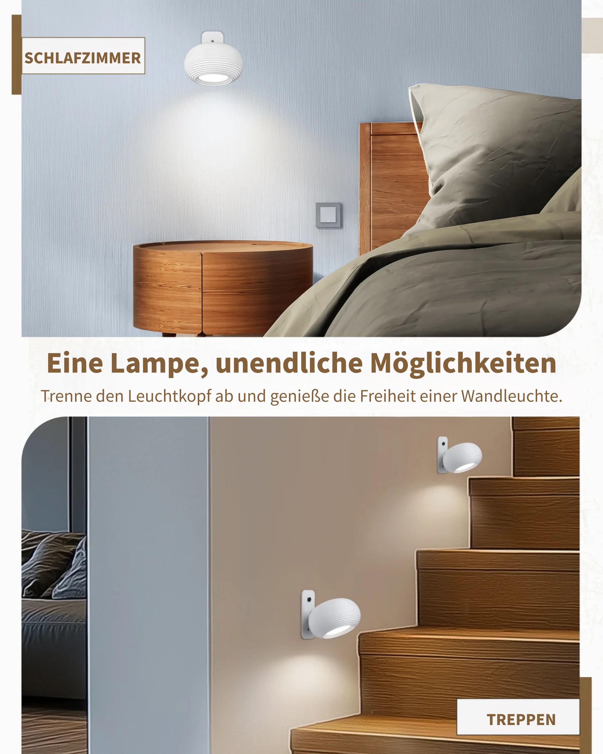 Ein Nachttisch mit Lampe im Schlafzimmer und eine Lampe an einer Treppe.