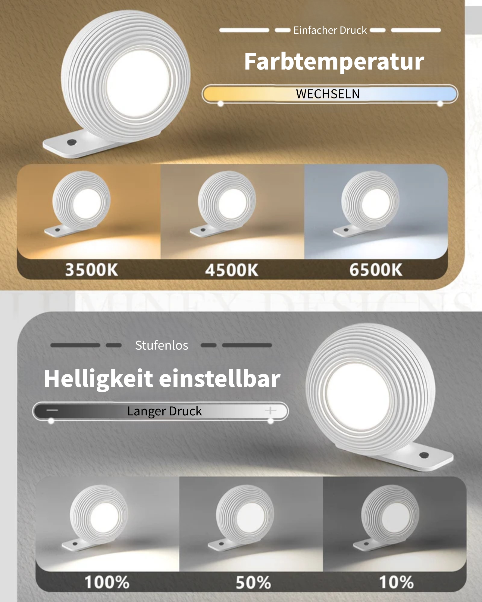 Eine weiße Lampe mit einstellbarer Farbtemperatur (3500K-6500K) und Helligkeit.