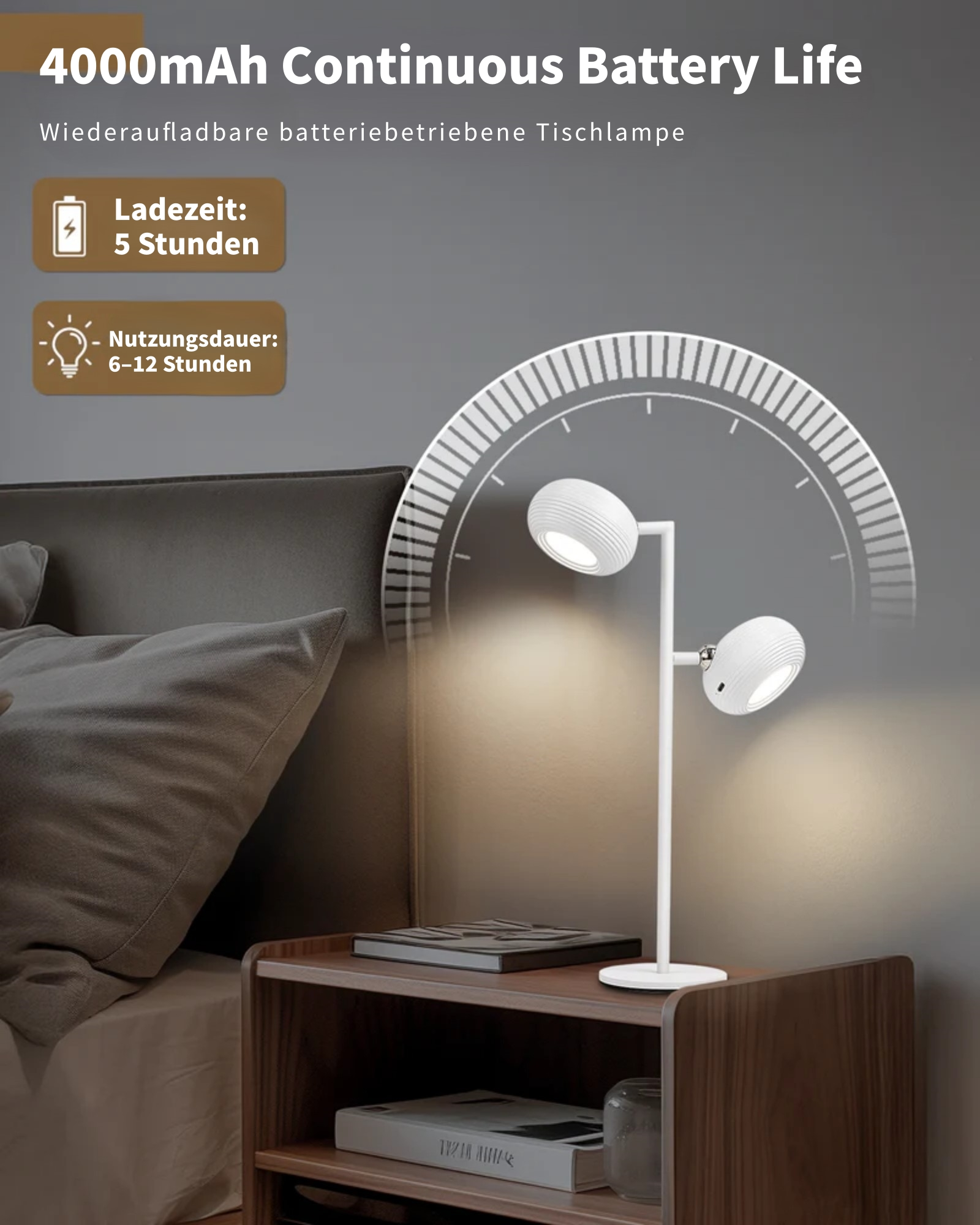 Weiße Schreibtischlampe mit zwei Lichtern auf einem Nachttisch mit Büchern.