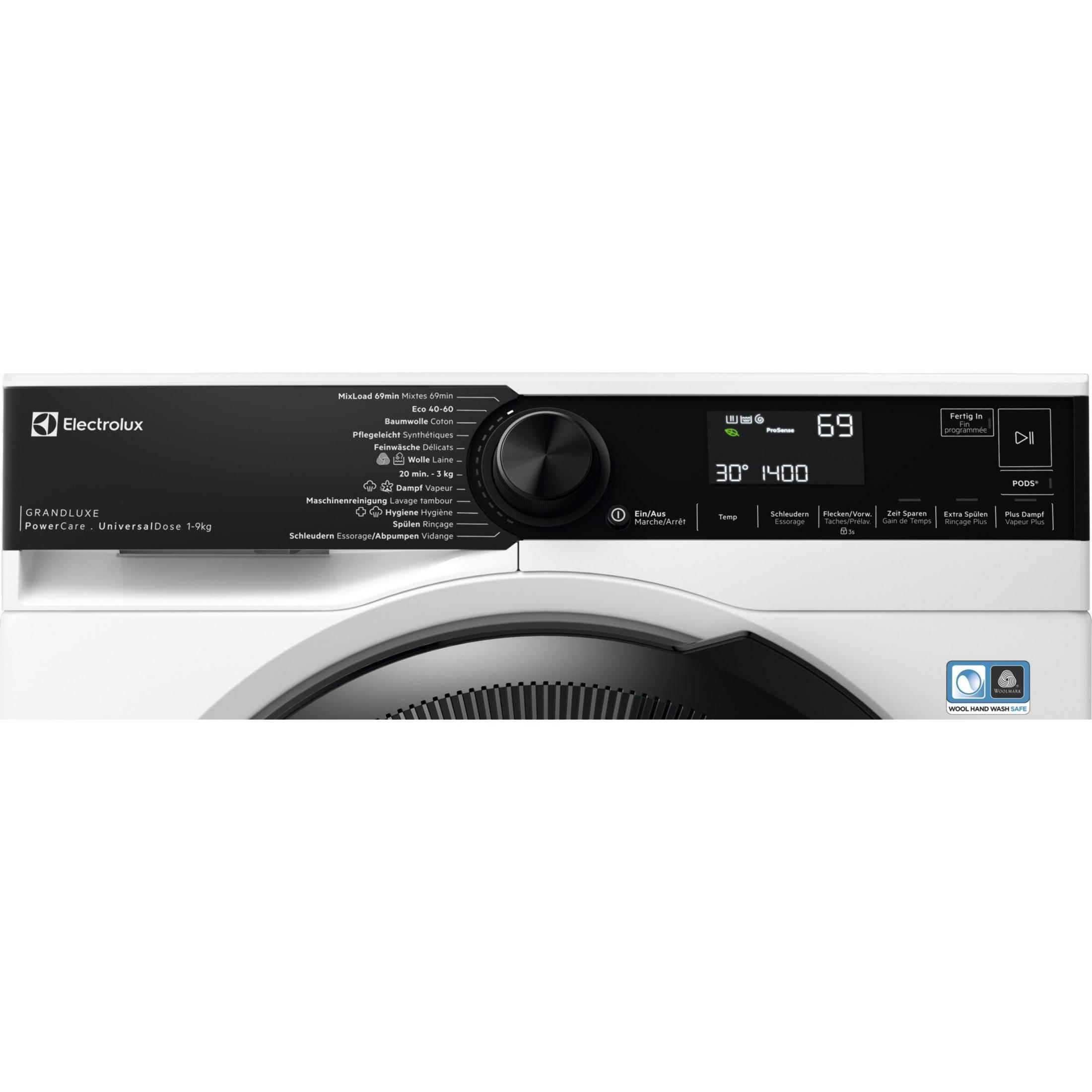 Machine à laver Electrolux avec panneau de commande et sélection de programmes. Logo à gauche, écran à droite.