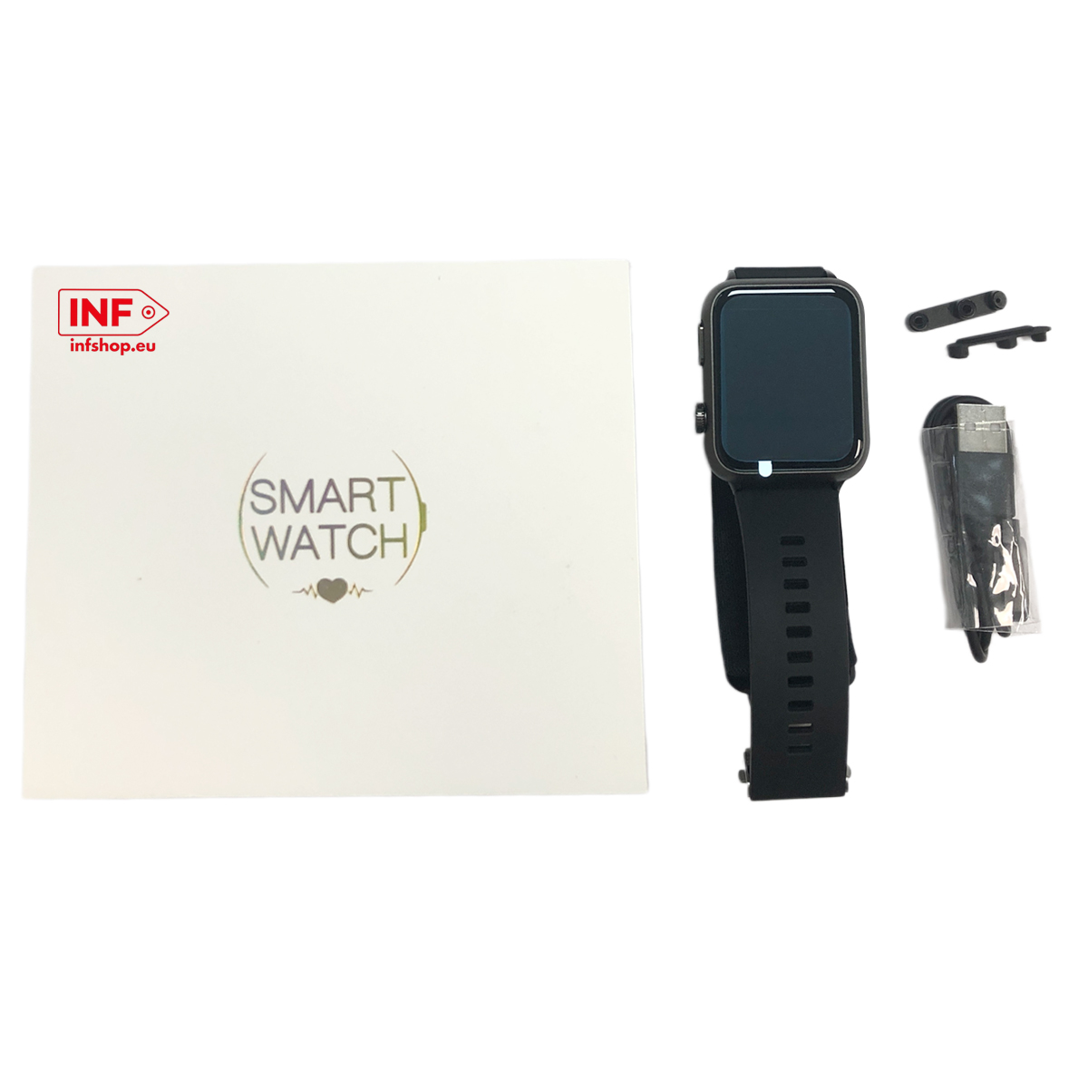 Czarny smartwatch z kablem ładującym i dwoma małymi czarnymi klipsami.