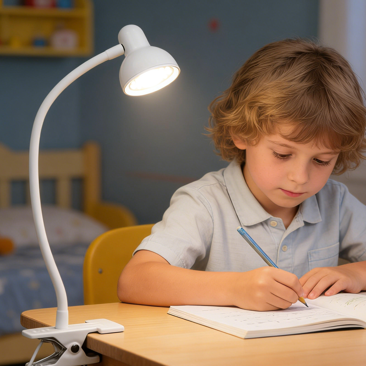 Een jongen schrijft in een notitieboek, verlicht door een bureaulamp.
