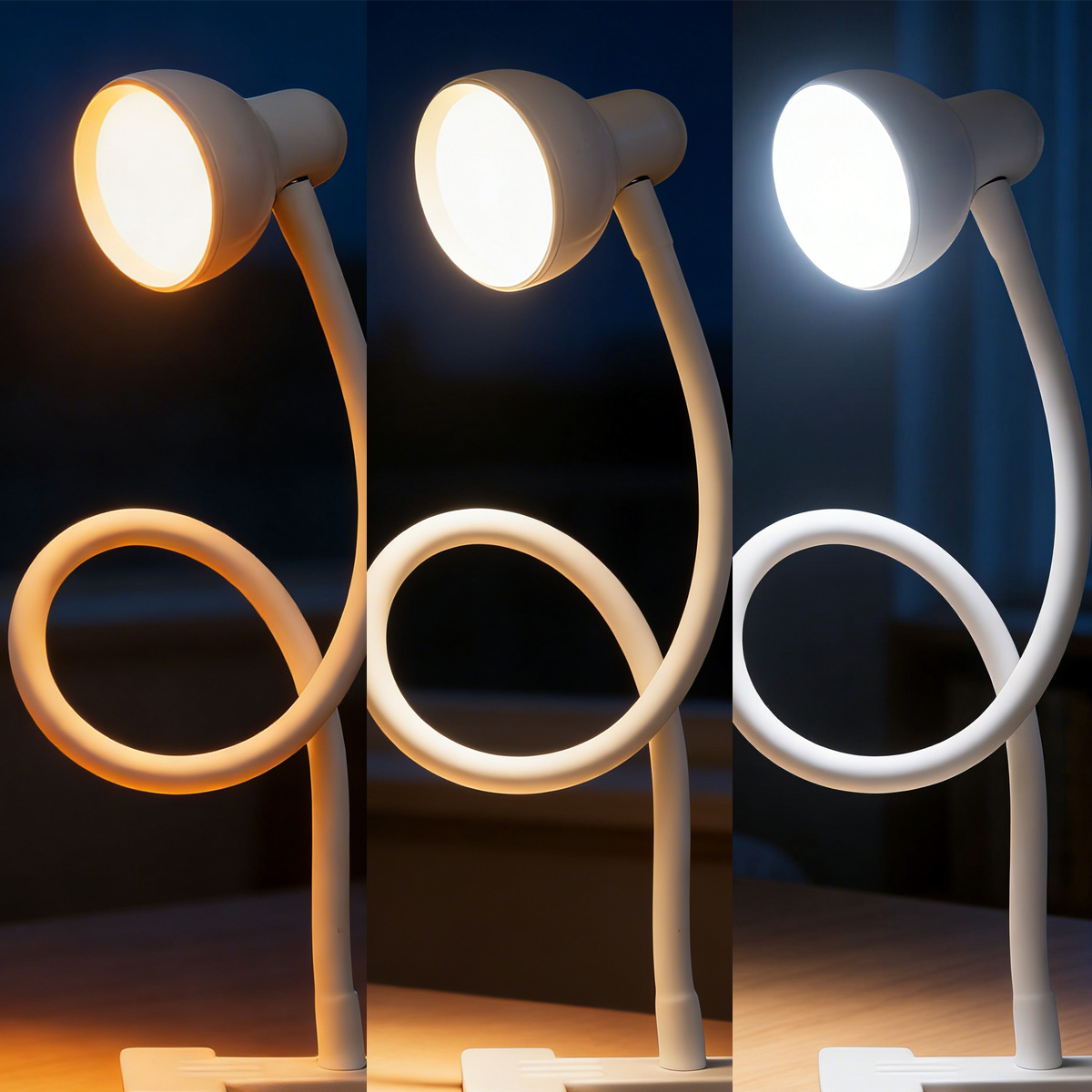Drie witte bureaulampen met flexibele armen tonen drie verschillende lichttemperaturen.