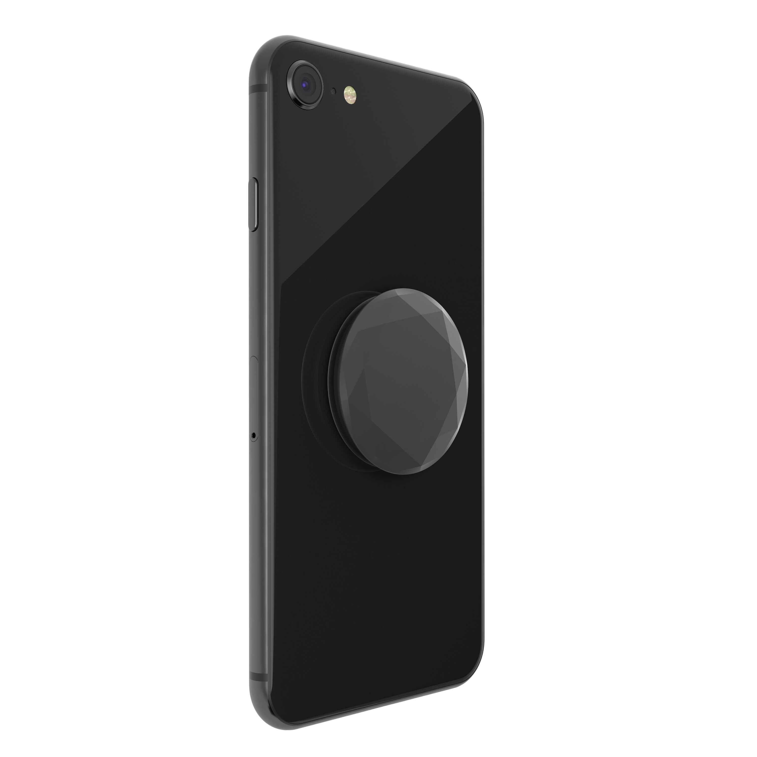 Schwarzes Smartphone mit silbernem Pop-Socket auf der Rückseite.