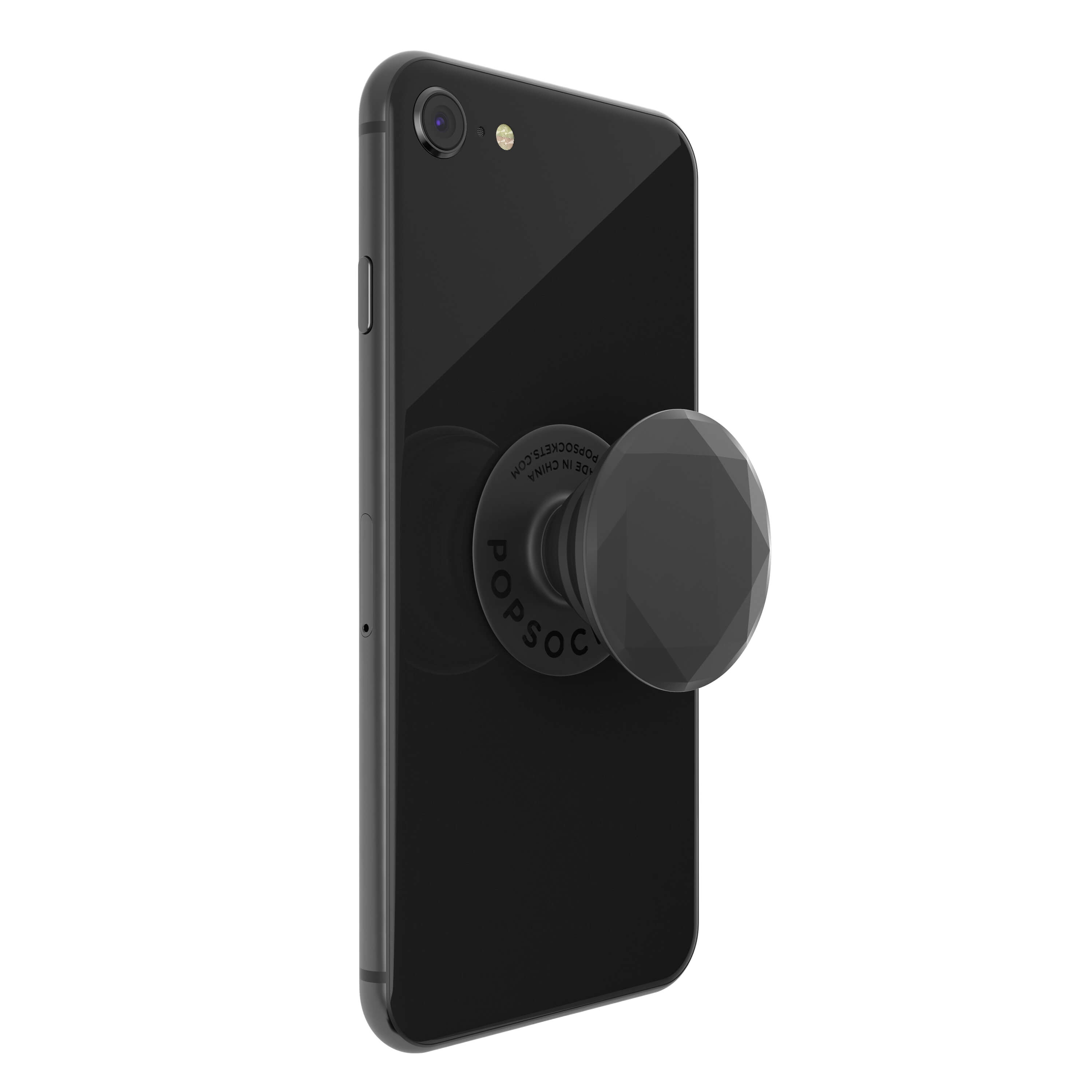Schwarzes Smartphone mit einem schwarzen PopSocket auf der Rückseite.