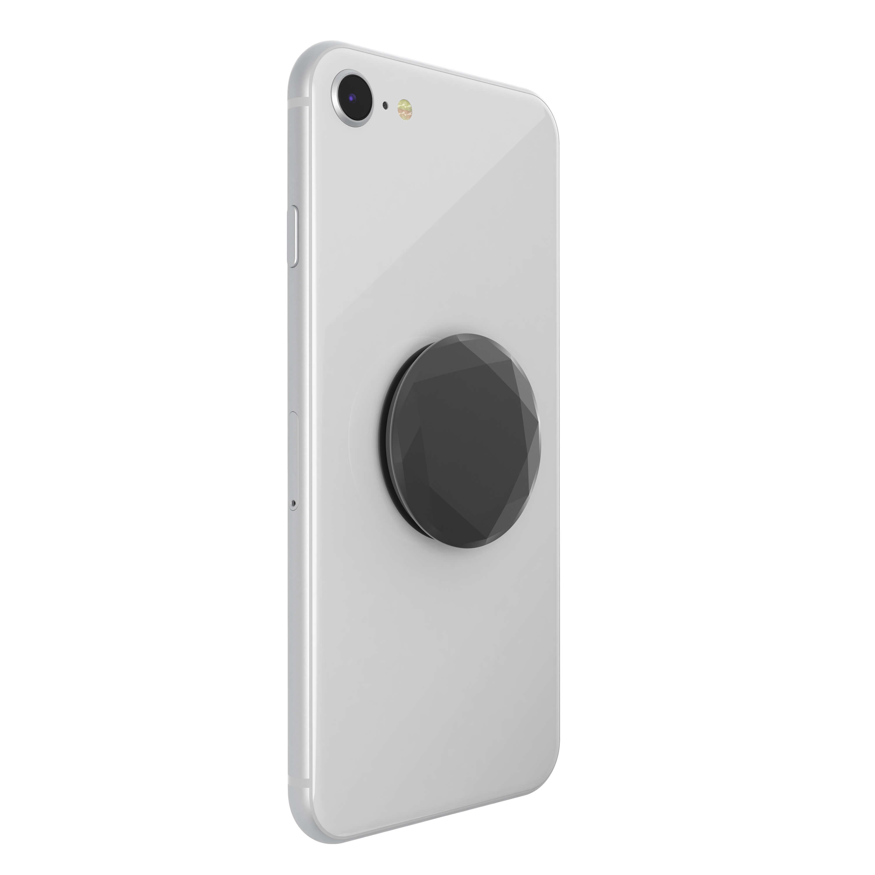 Ein weißes Smartphone mit schwarzem Pop-Socket auf der Rückseite.