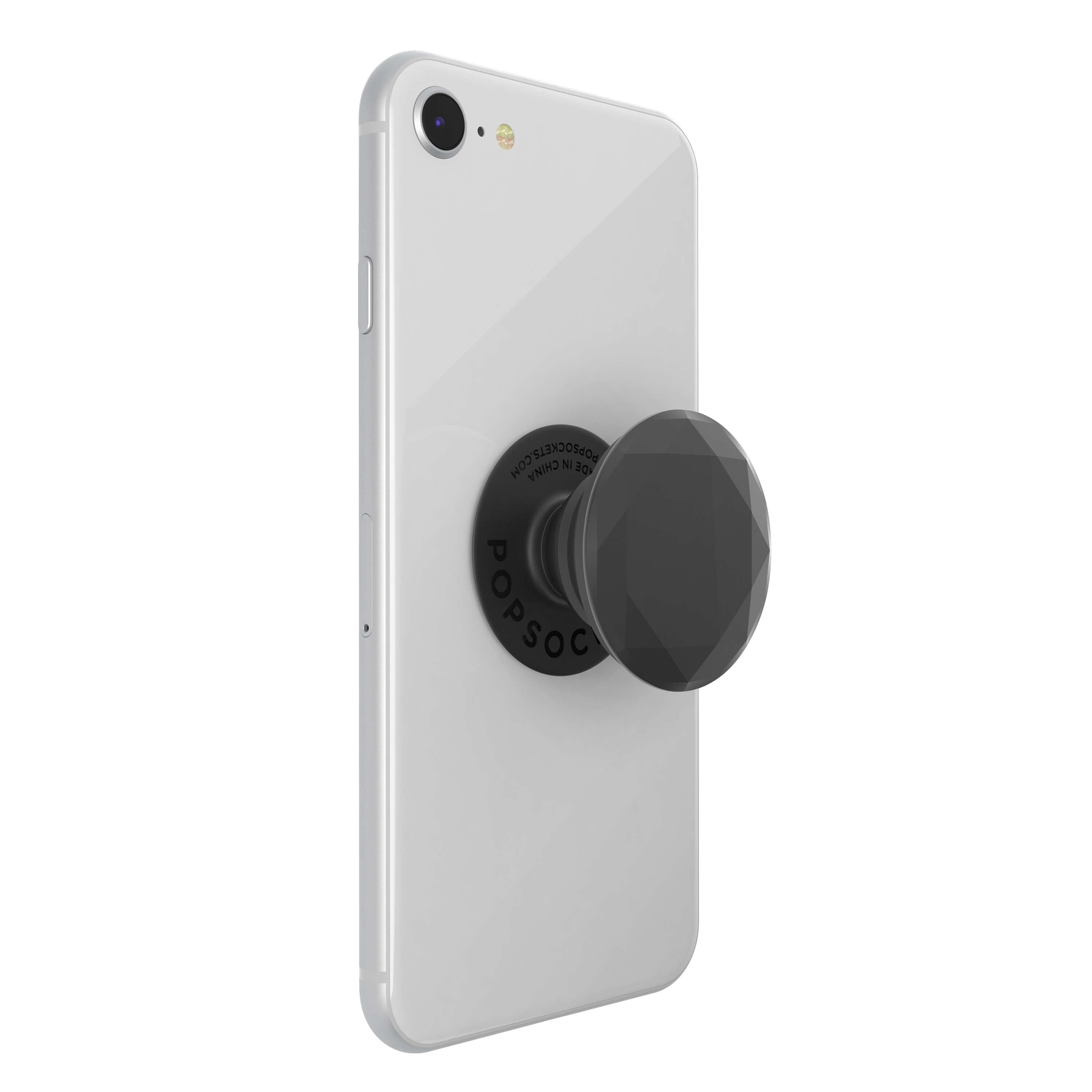 Ein schwarzer PopSocket ist auf der Rückseite eines weißen Smartphones angebracht.