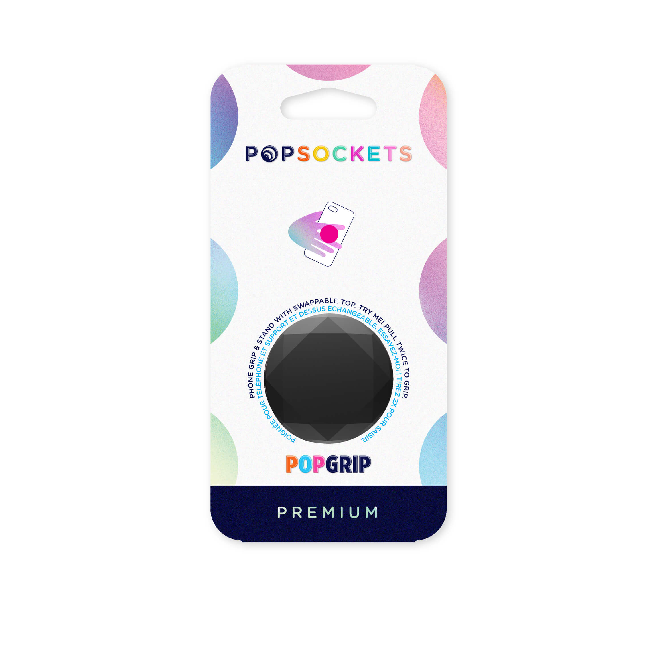 Verpackung für einen schwarzen PopGrip mit dem Logo von Popsockets.