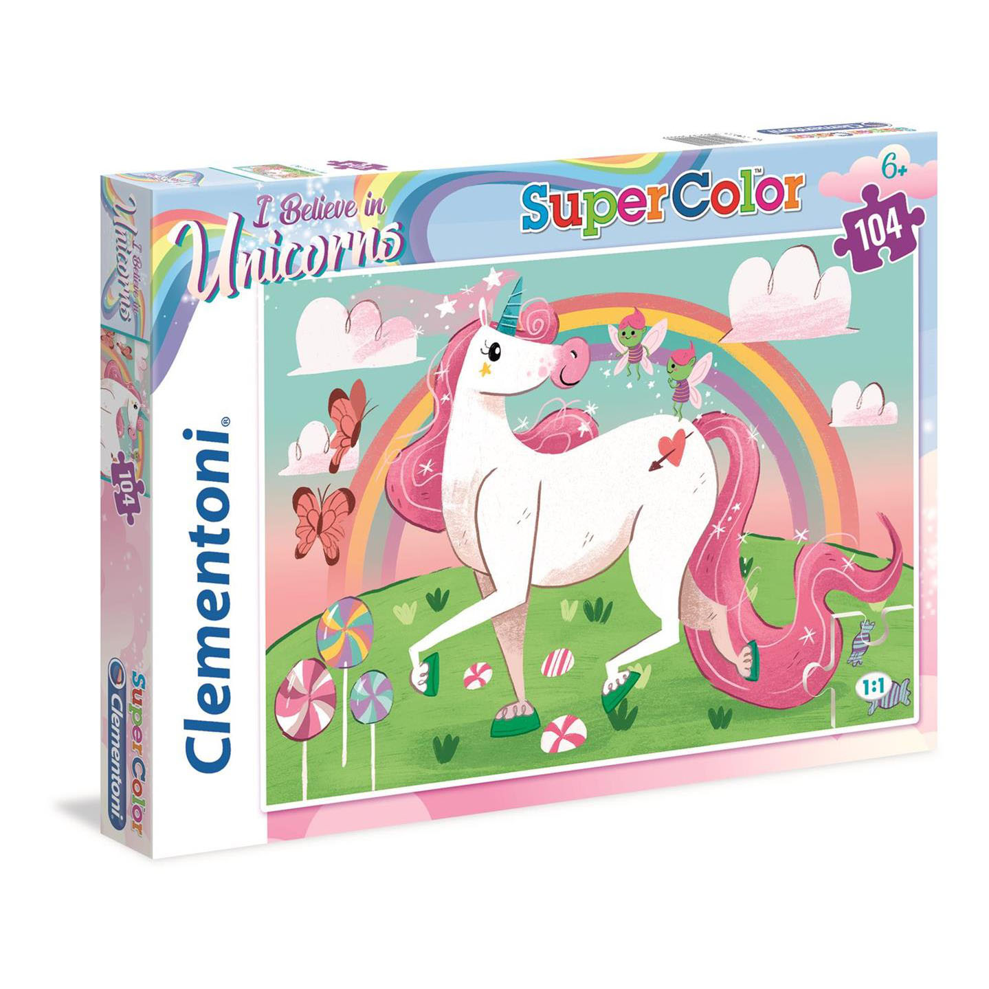 A white unicorn with a pink mane stands on a green meadow with candies and butterflies.