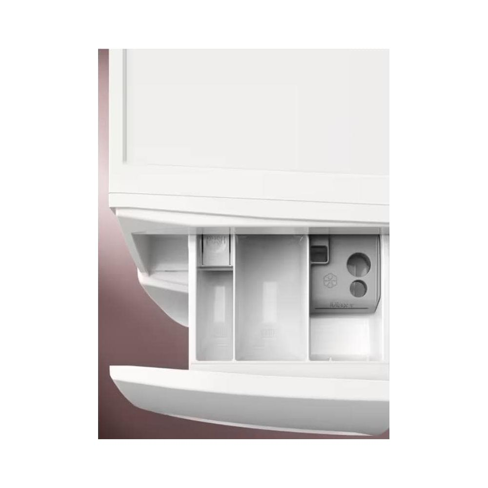 Ein weißer Waschmittelbehälter mit drei Fächern und Markierungen.