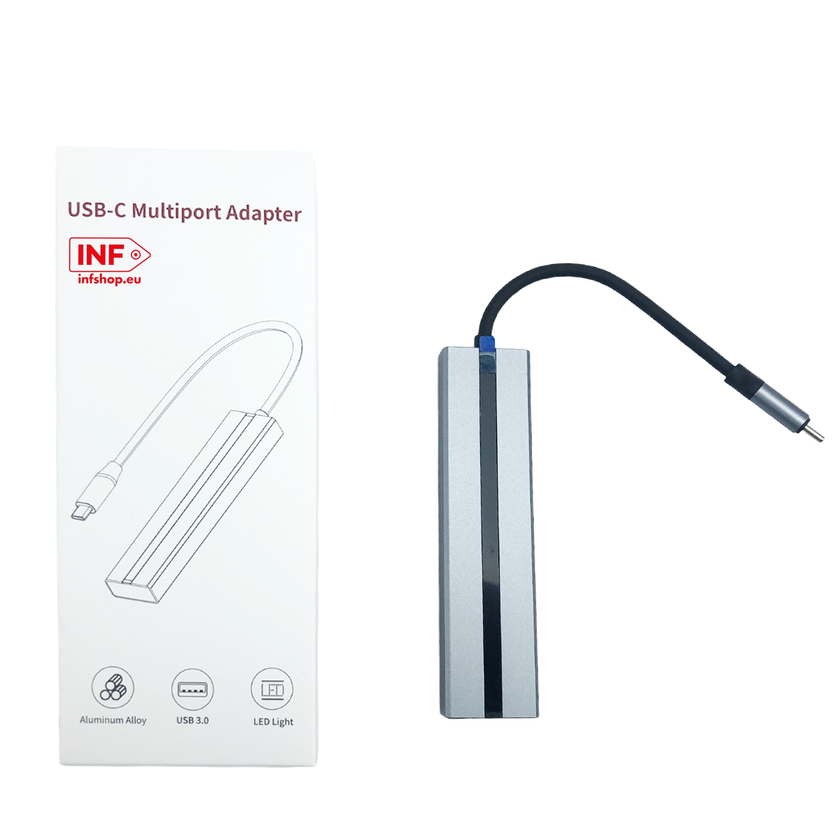 USB-C-Multiport-Adapter mit silbernem Gehäuse und schwarzem Kabel.