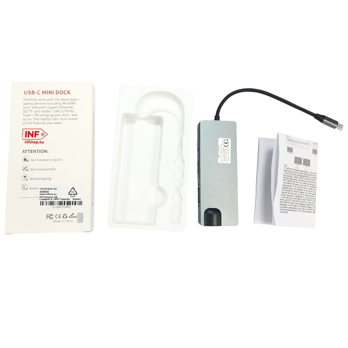 Mini-dock USB-C z kablem, instrukcją i opakowaniem na białym tle.