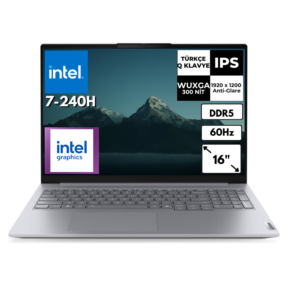 Intel işlemci ve grafikli gümüş laptop, 16 inç, 60Hz, DDR5.