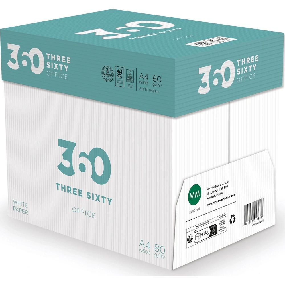 Ein Karton mit weißem A4-Papier, 80 g/m², 2500 Blatt, Marke 'Three Sixty'.