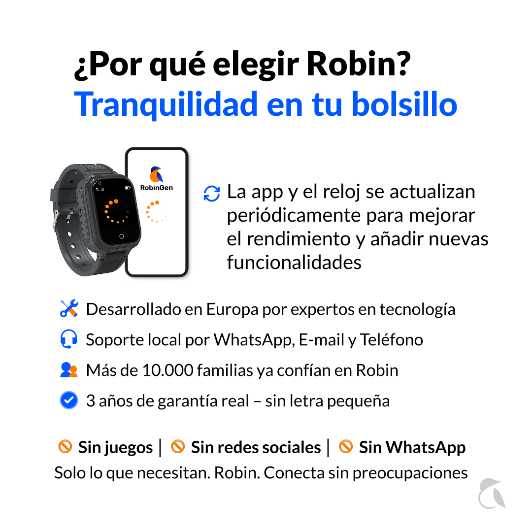 Reloj inteligente gris con pantalla de app al lado. Texto sobre funciones Robin.