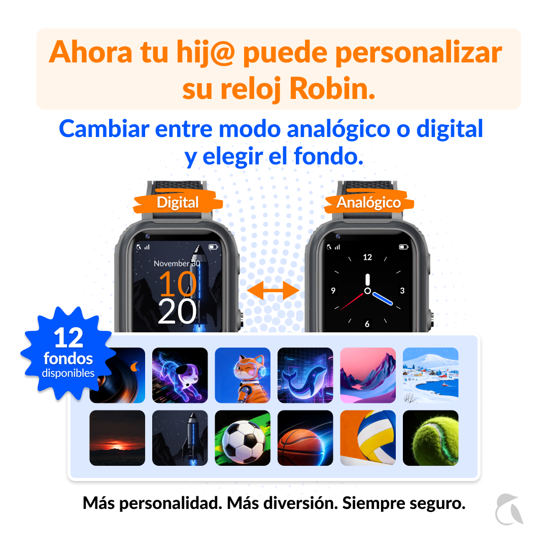 Dos smartwatches muestran modos digital y analógico con varias opciones de fondo.