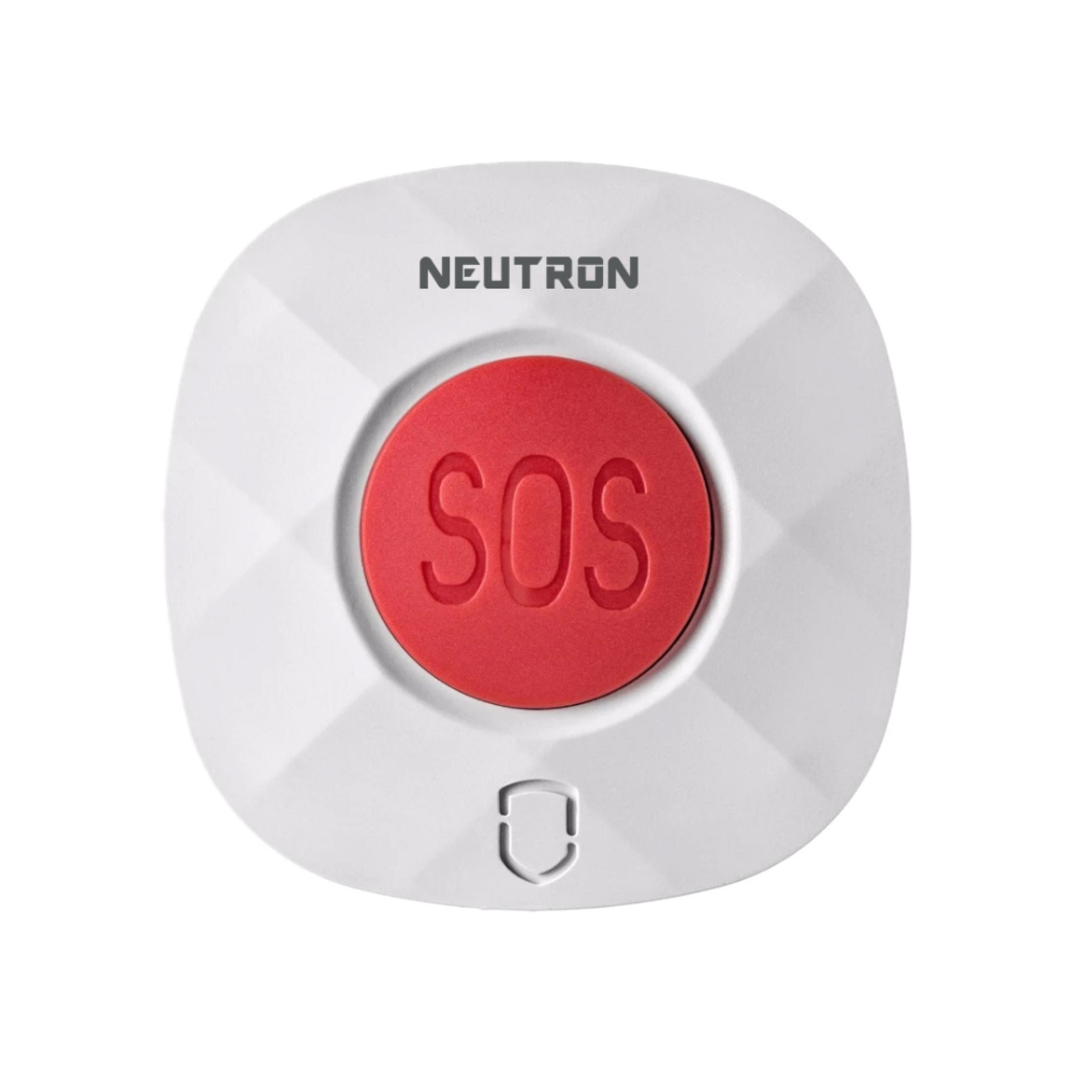 Kırmızı düğmeli ve kalkan ikonlu beyaz Neutron SOS cihazı.