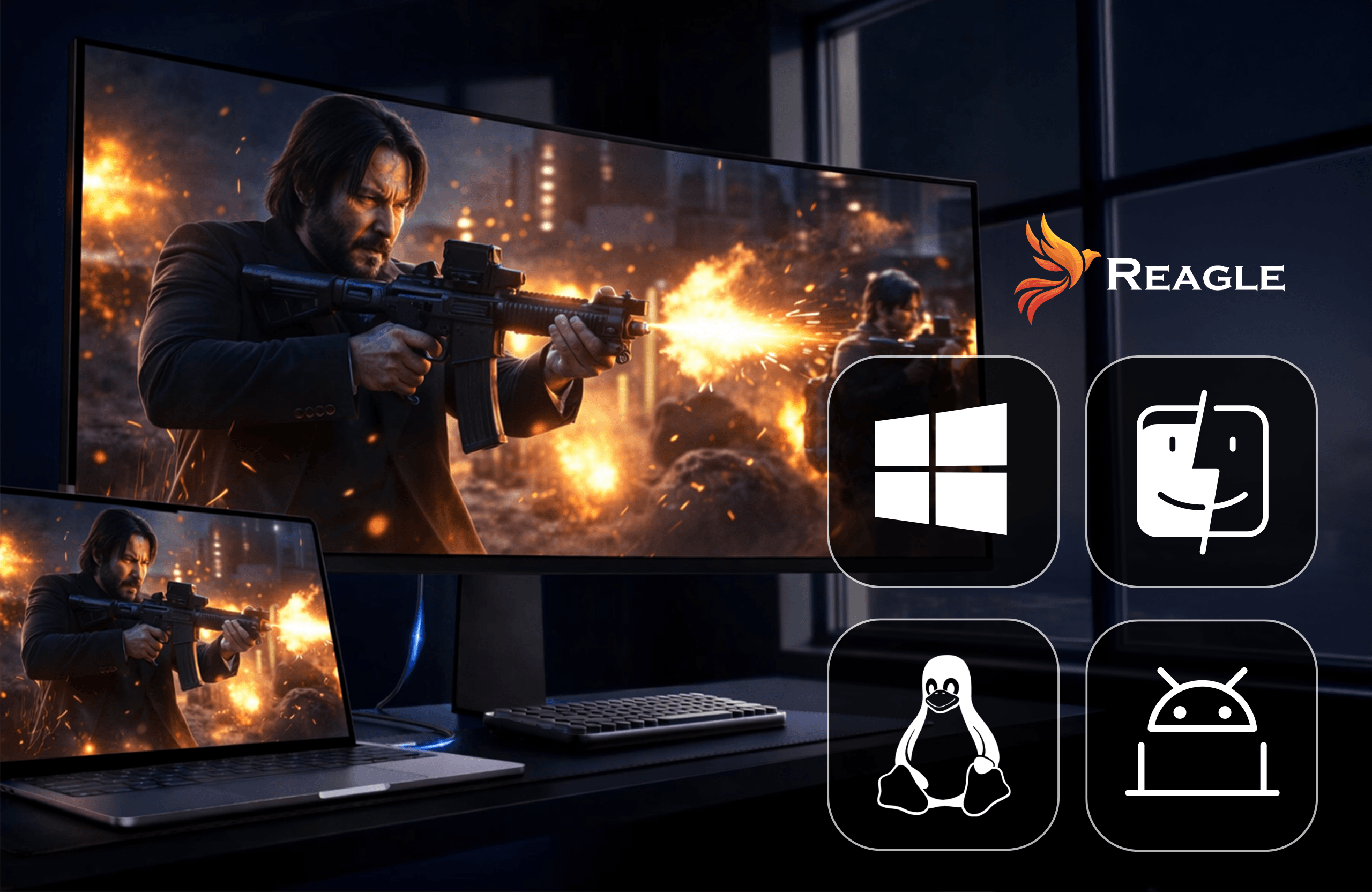 Mężczyzna z bronią strzela na ekranie, obok laptop i ikony.