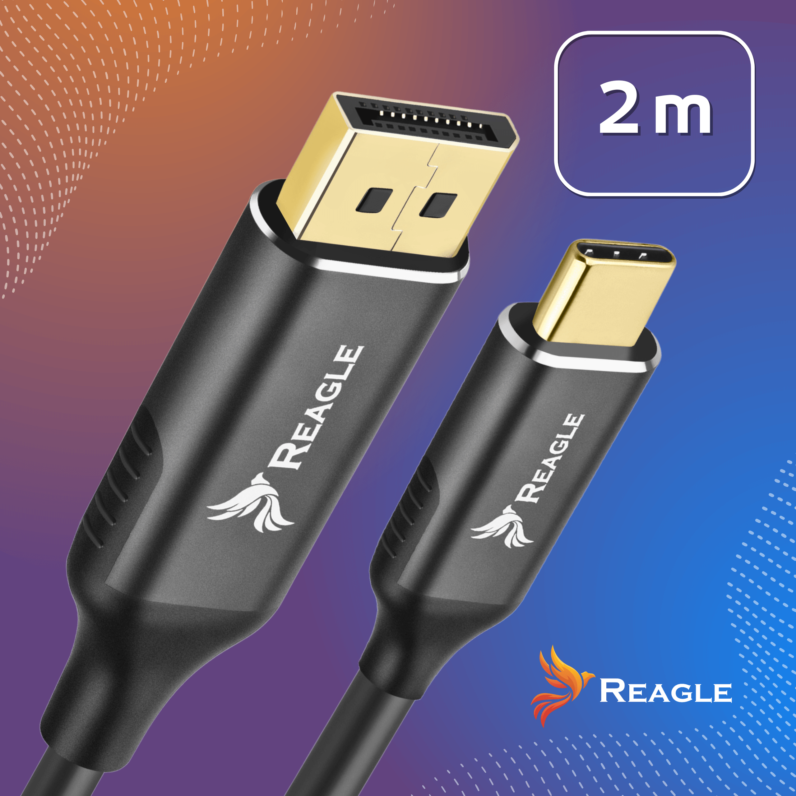 Dwa kable Reagle: DisplayPort i USB-C. Oba czarne ze złotymi złączami. Długość 2m.