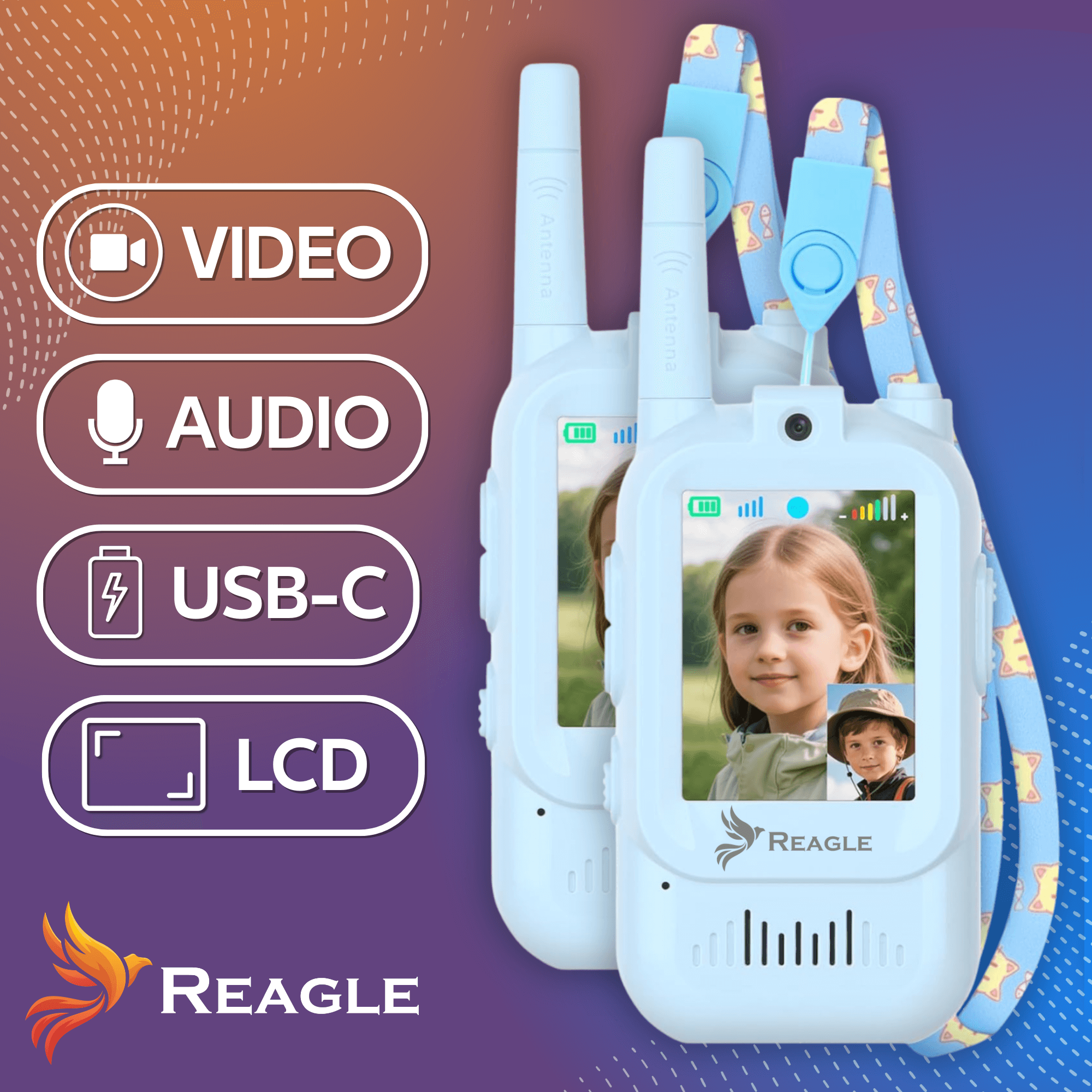 Dwa białe krótkofalówki z ekranami pokazującymi dzieci, z niebieskimi smyczami.