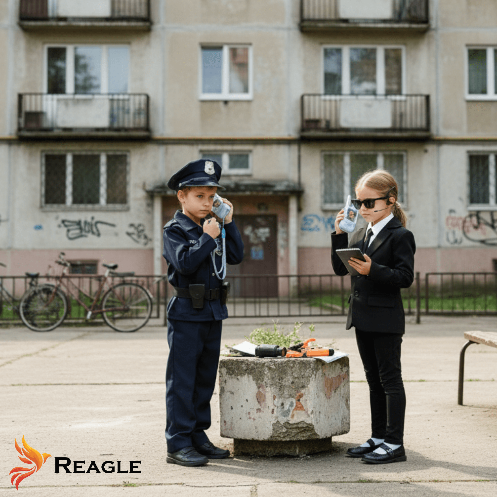 Dwoje dzieci w kostiumach: policjant i tajny agent bawidzą się na zewnątrz.