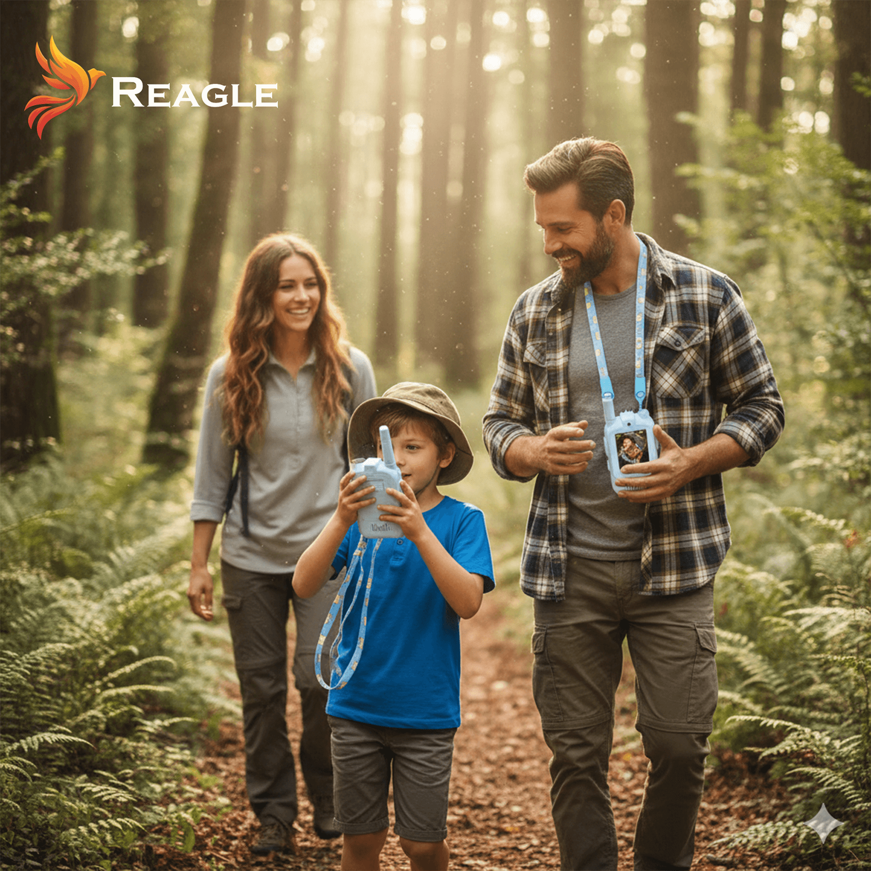 Rodzina wędruje leśną ścieżką, ojciec ma na szyi krótkofalówkę.