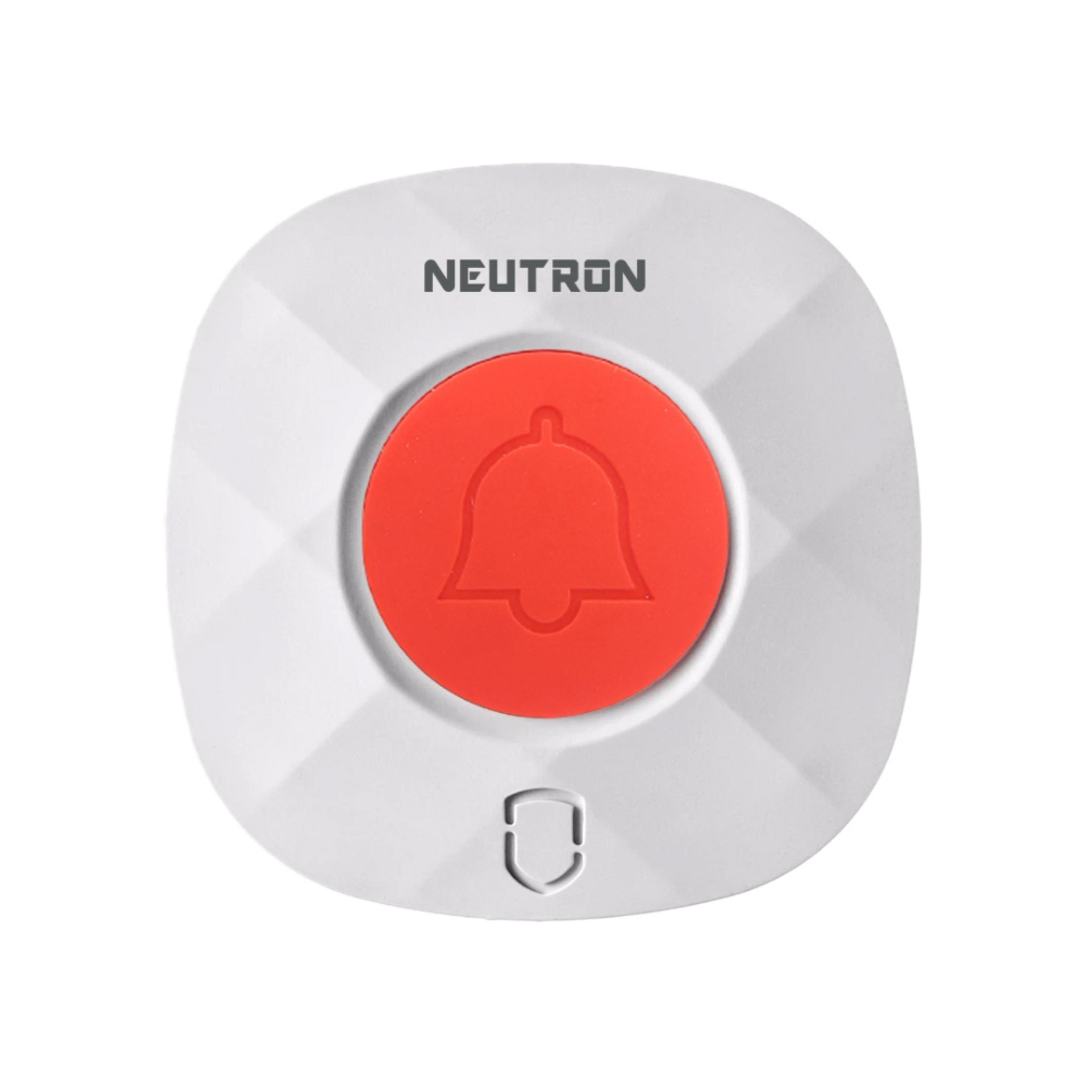 Kırmızı ortası ve zil simgesi olan beyaz düğme. Üzerinde Neutron logosu.