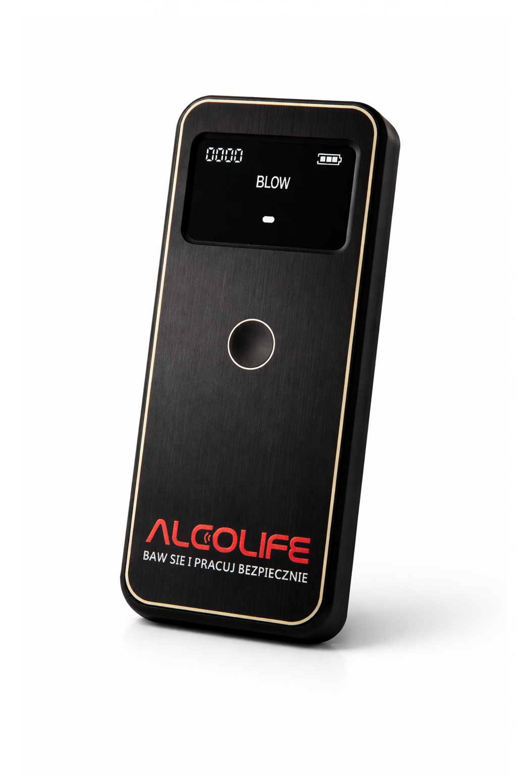 Czarny alkomat ze złotym wykończeniem z napisem "ALCOLIFE".