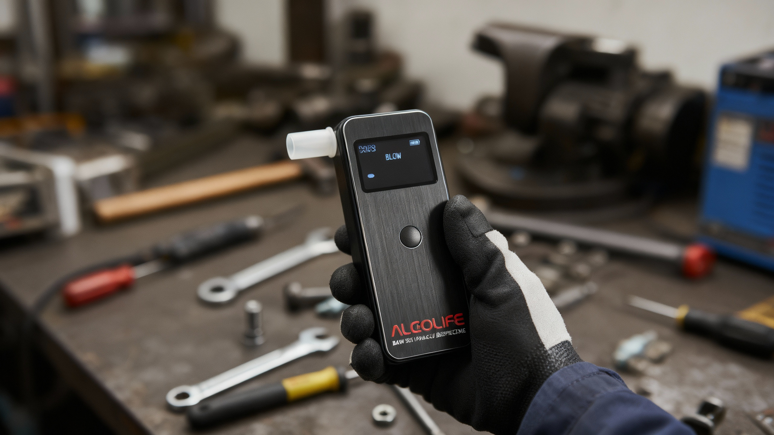 Ręka w rękawiczce trzyma cyfrowy alkomat. Narzędzia leżą na stole warsztatowym.