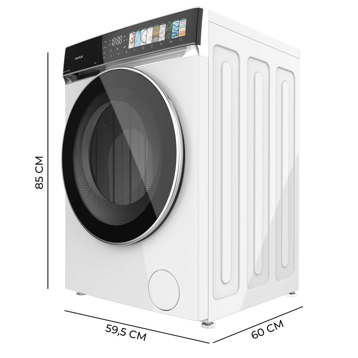 Lavadora blanca con puerta negra y pantalla digital. Se muestran dimensiones.