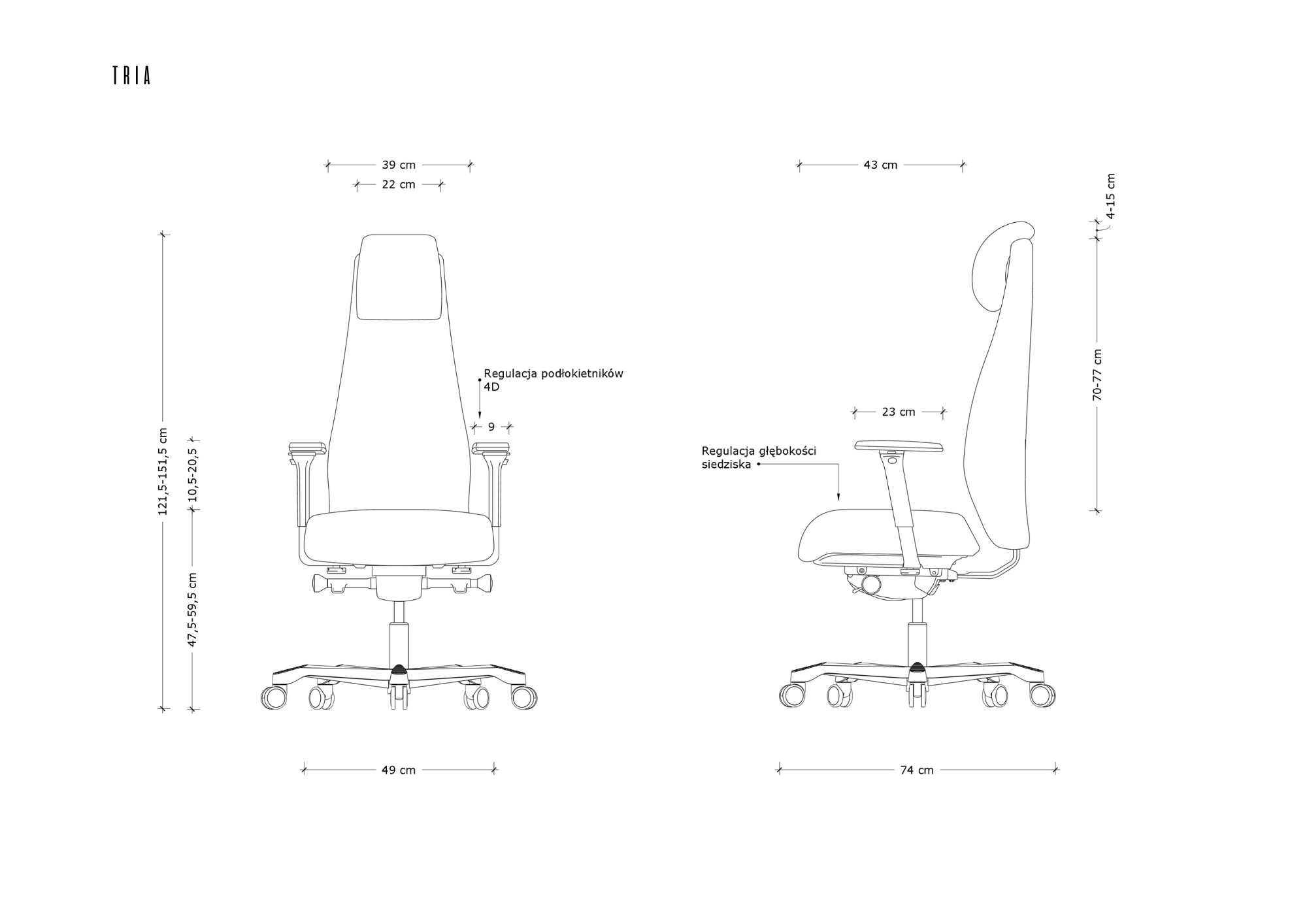 Rysunek techniczny krzesła biurowego z wymiarami i opcjami regulacji.