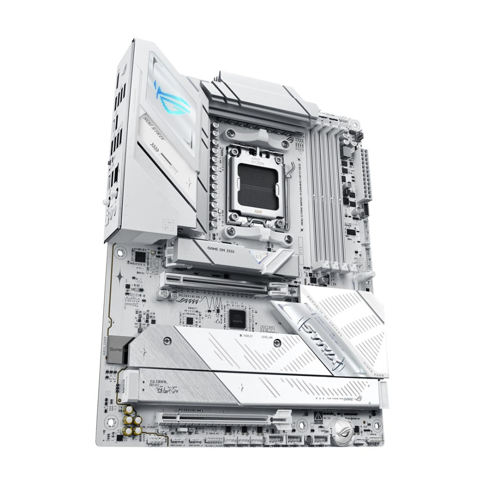 Biała płyta główna z srebrnymi akcentami i logo RGB.