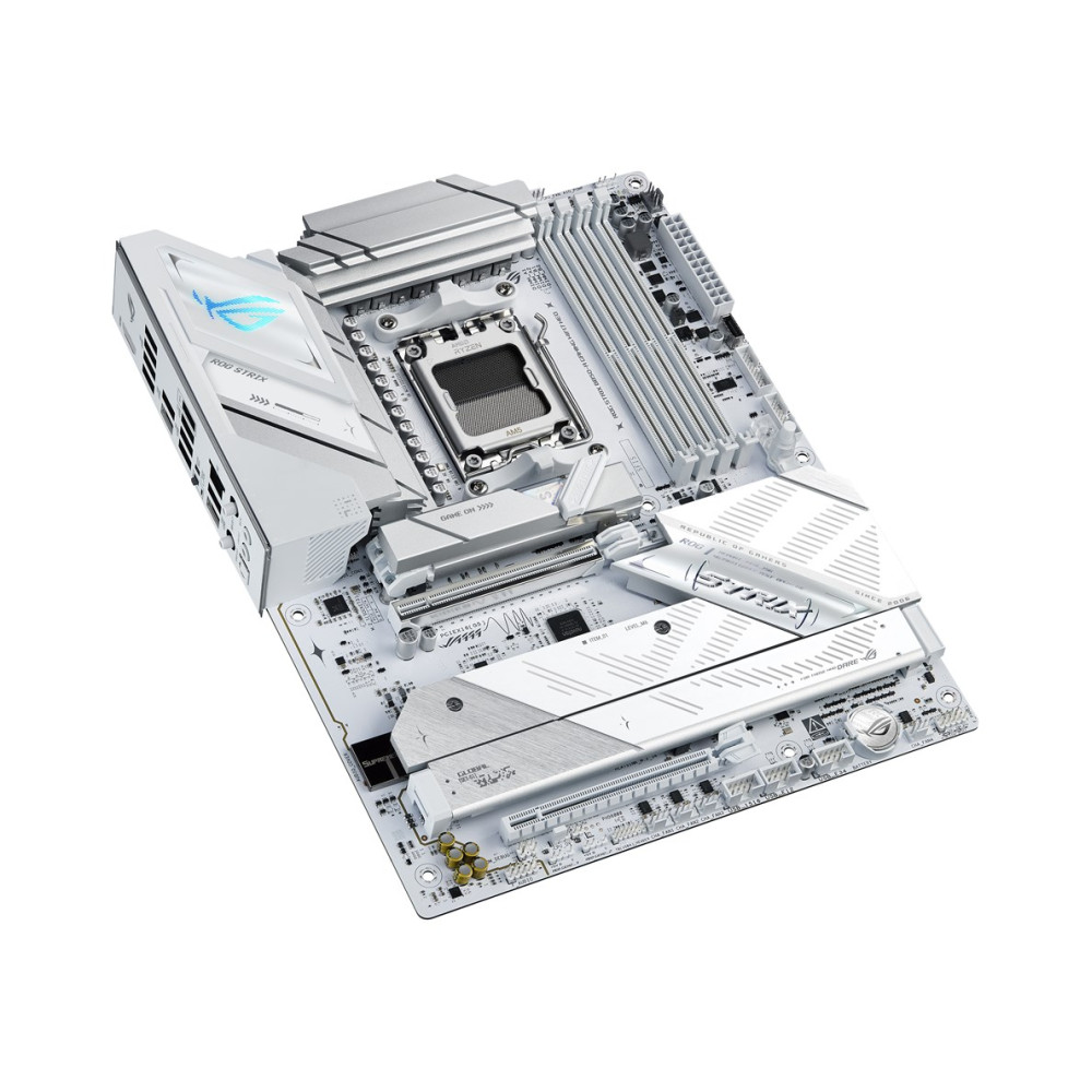 Biała płyta główna komputera z srebrnymi akcentami i niebieskim logo ROG.