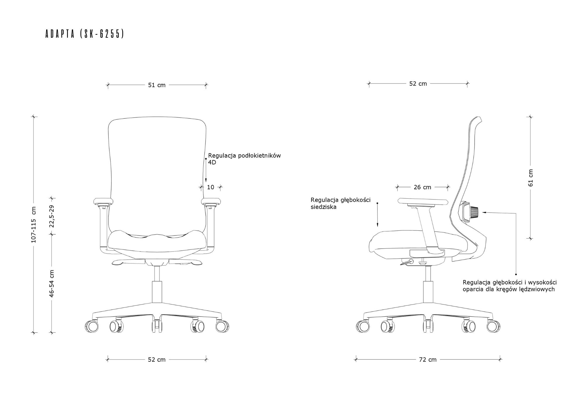 Rysunek techniczny krzesła biurowego z wymiarami i opcjami regulacji.