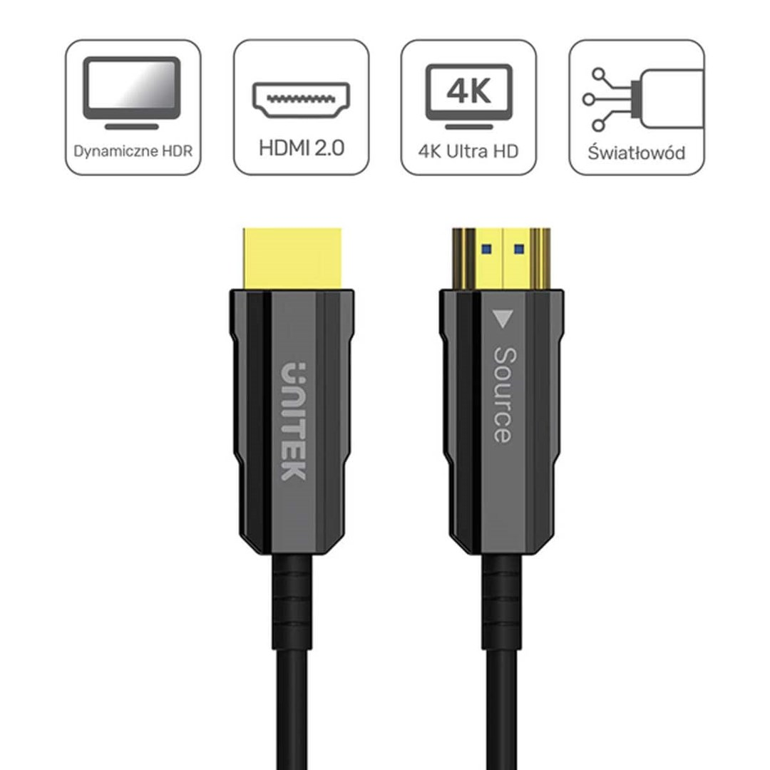Dwa kable HDMI z ikonami 4K HDR, HDMI 2.0 i światłowodu.