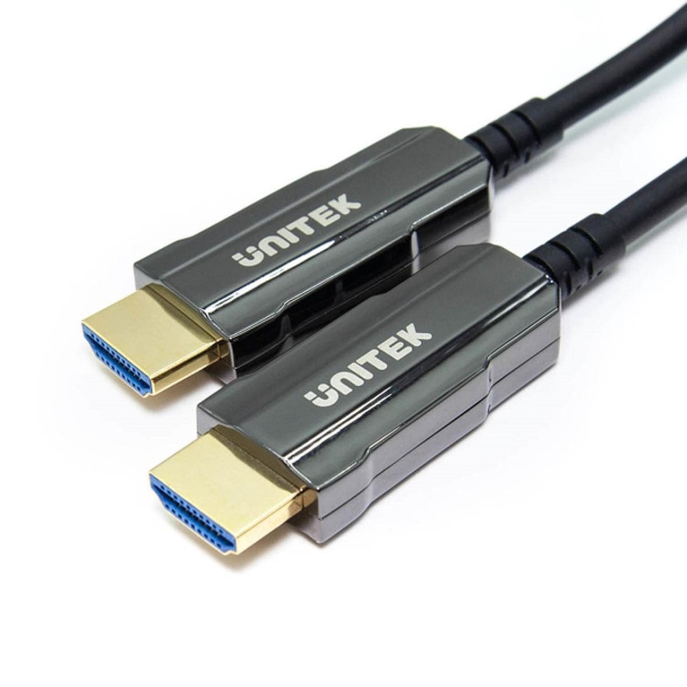 Dwa szare kable HDMI ze złotymi złączami i niebieskimi wstawkami na białym tle.