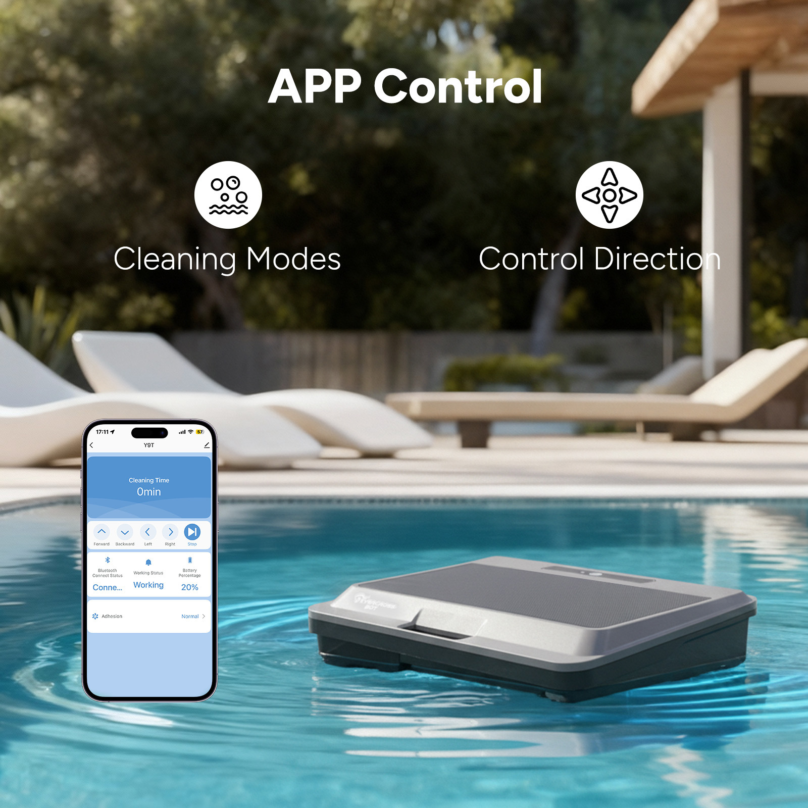 Een zwembadreiniger drijft in het water, bediend via een app op een smartphone.