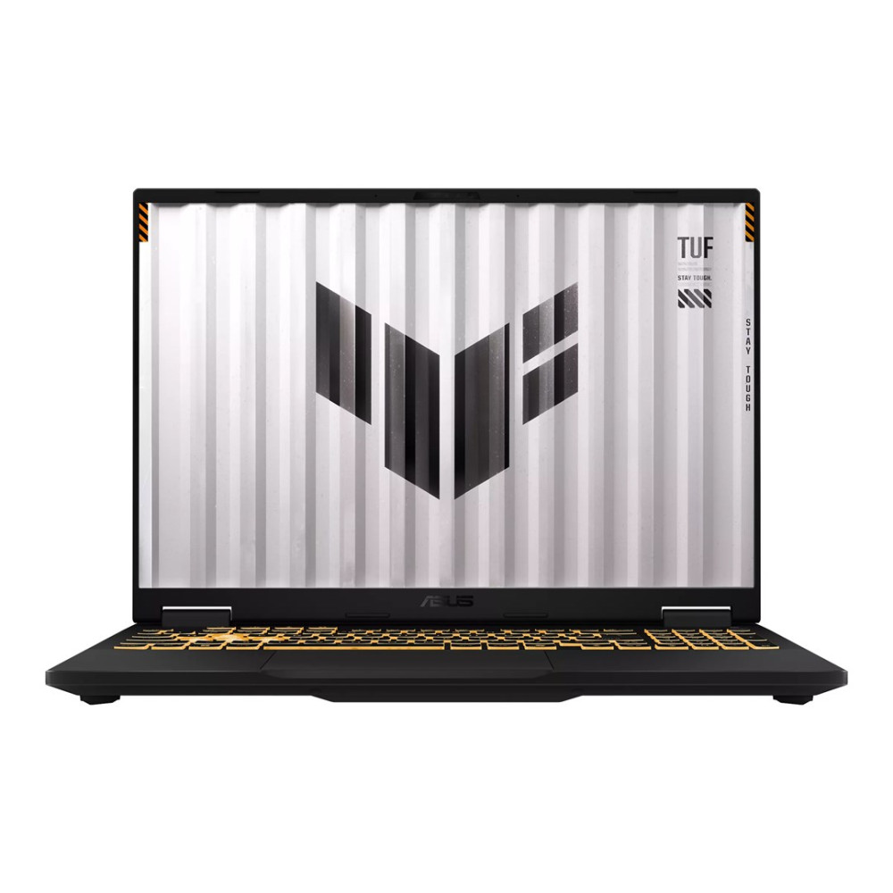 Schwarzer Laptop mit beleuchteter gelber Tastatur und TUF-Logo auf dem Bildschirm.