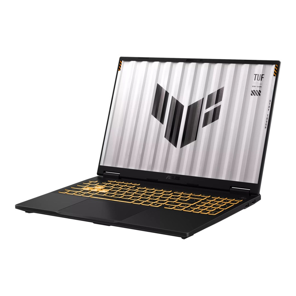 Ein schwarzer Laptop mit gelber Tastatur und einem TUF-Logo auf dem Bildschirm.