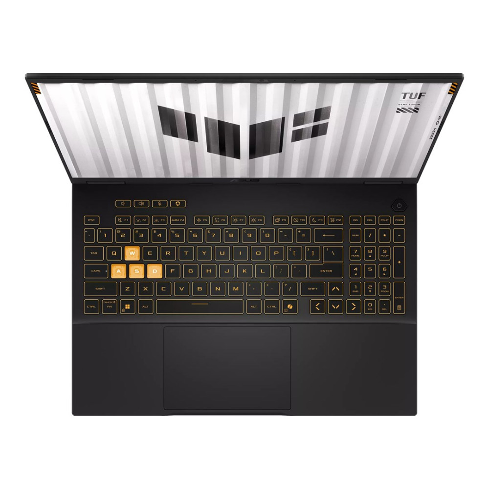 Ein geöffneter schwarzer Laptop mit beleuchteter Tastatur und silbernem Muster auf dem Bildschirm.