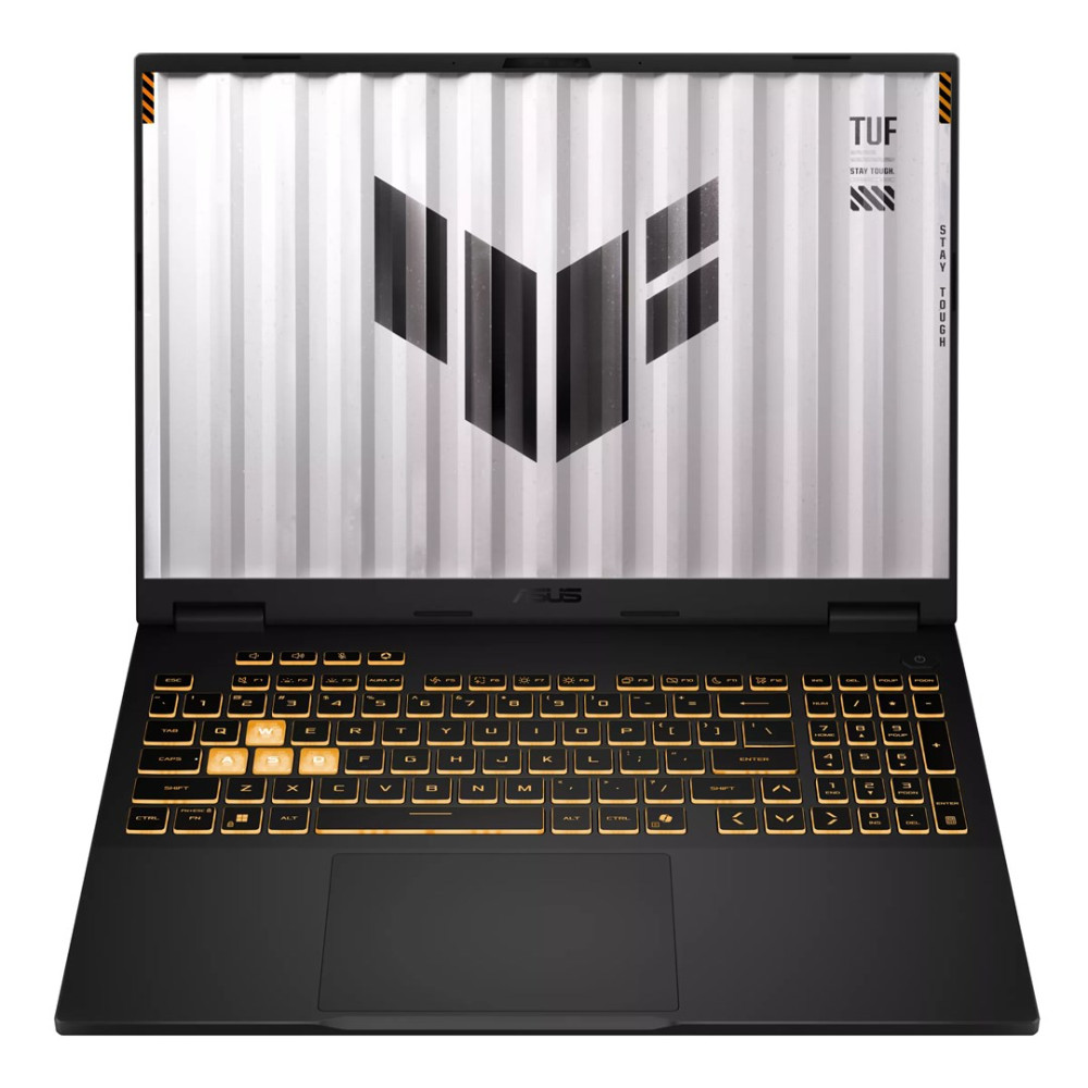 Schwarzer Laptop mit beleuchteter Tastatur und TUF-Logo auf dem Bildschirm.