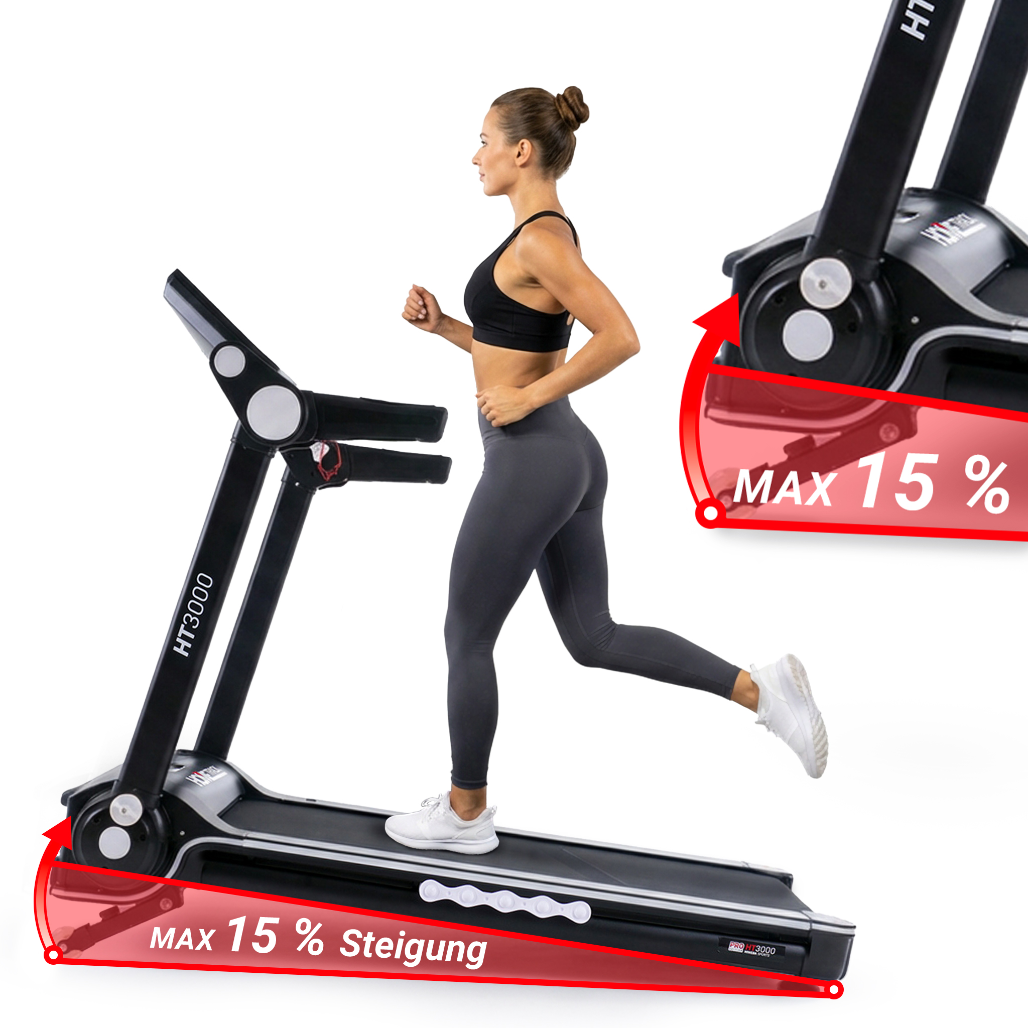Eine Frau läuft auf einem Laufband mit maximal 15% Steigung.