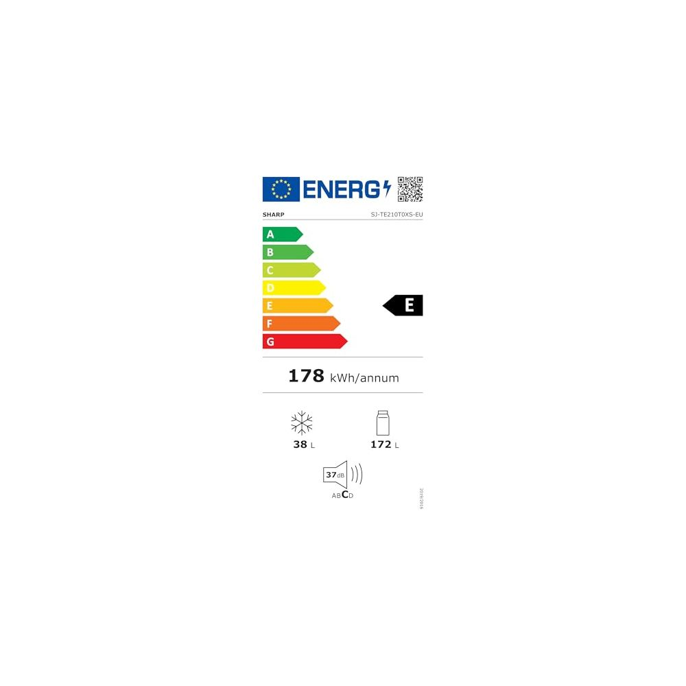 Energieeffizienzlabel mit Energieklasse E, 178 kWh/Jahr, 38 L Gefrierfach, 172 L Kühlfach.