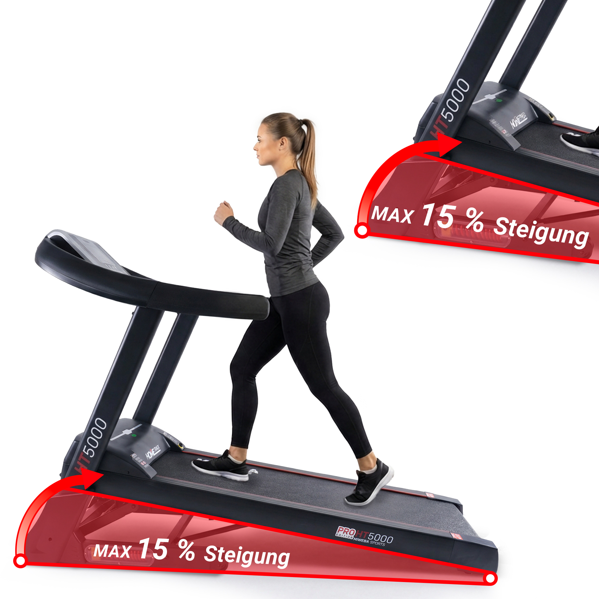 Eine Frau läuft auf einem Laufband mit maximal 15% Steigung.