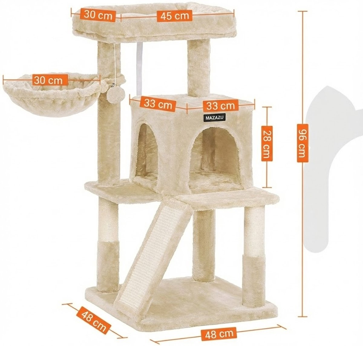 Een beige kattenboom met meerdere verdiepingen, krabpalen, een hangmat en twee boogvormige deuropeningen.