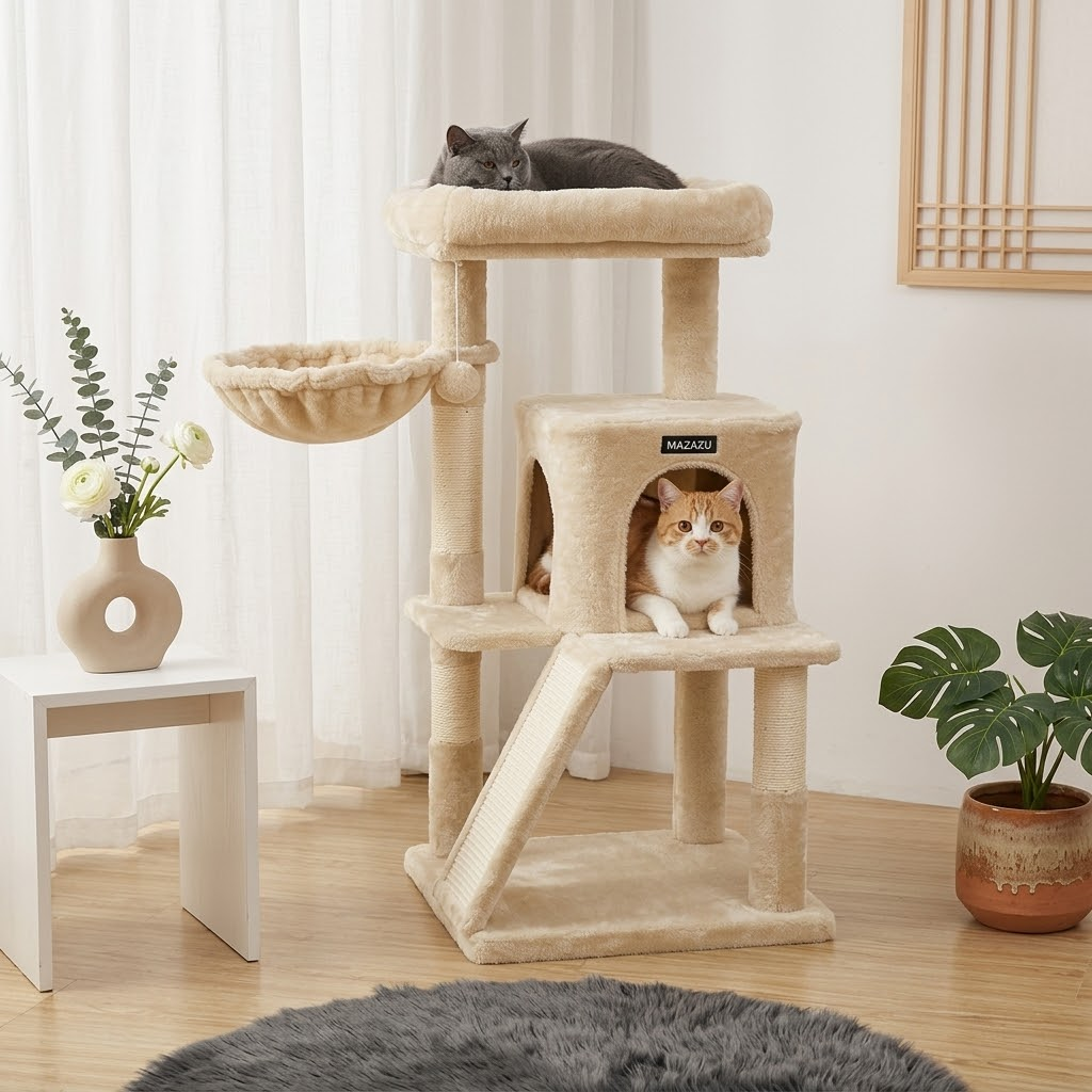 Twee katten op een beige krabpaal met hangmat en huisje.