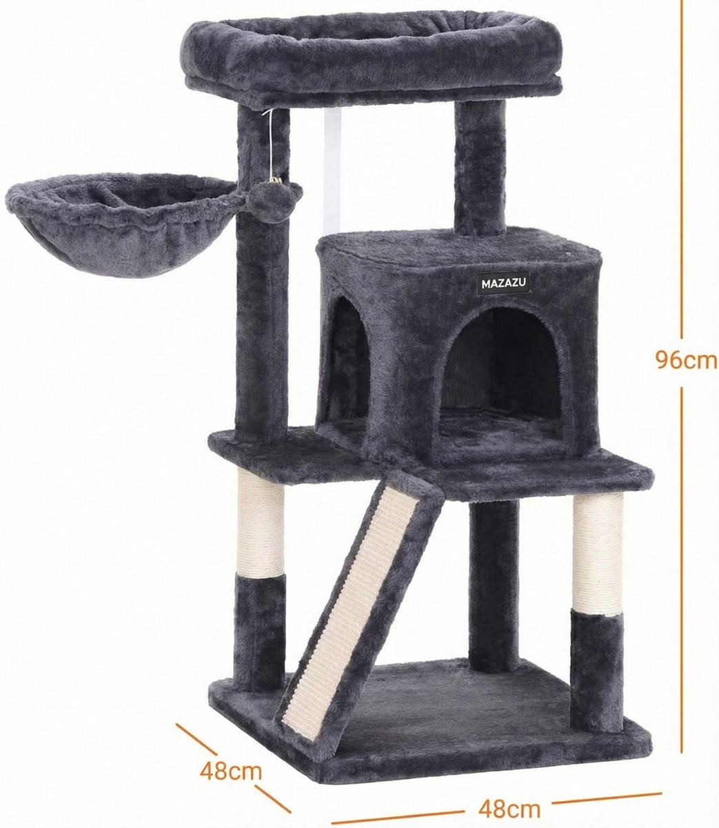 Donkergrijs kattenkrabpaal met hangmat, huisje en krabpalen.